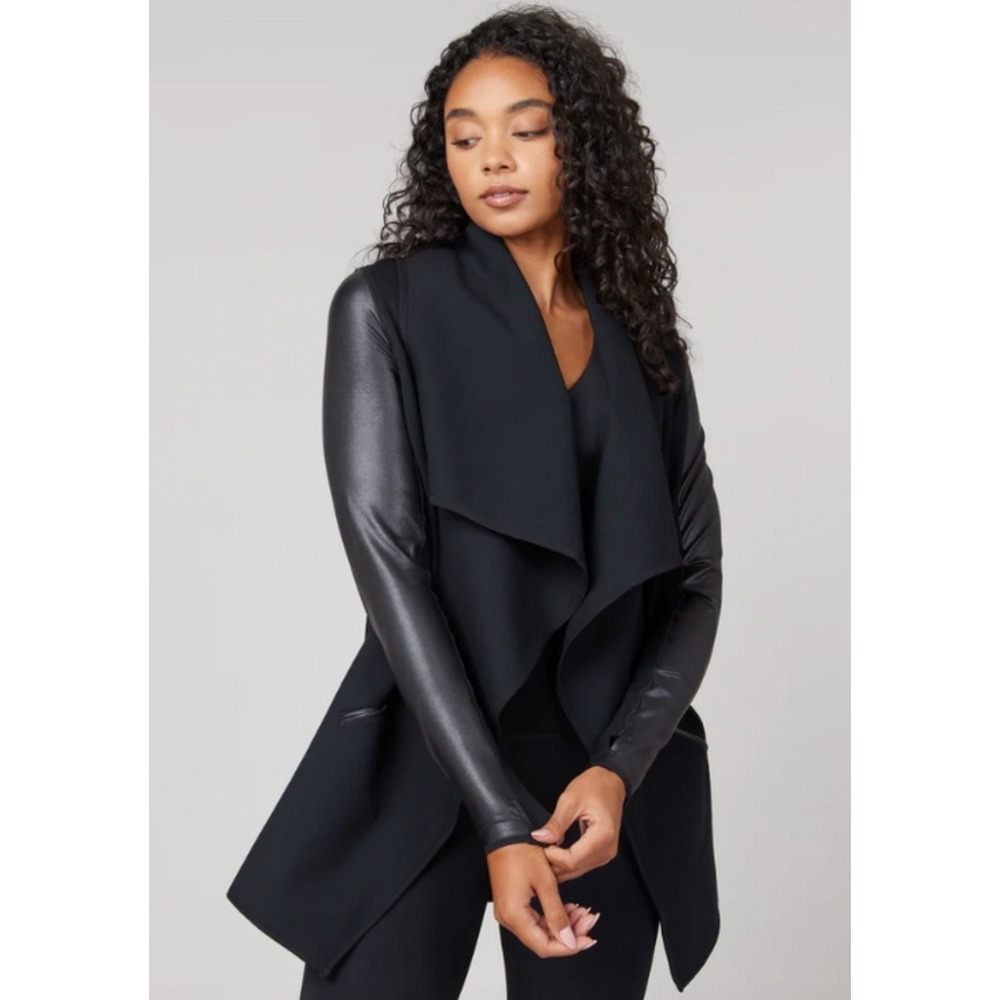 Spanx‎ Drape Front Jacket Medium Very Black Faux Leather Convertible Travel Edgy